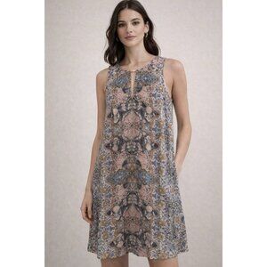 Lavender Brown Sonna Silk Keyhole A-Line Shift Dress Sz L Floral Pockets Blue